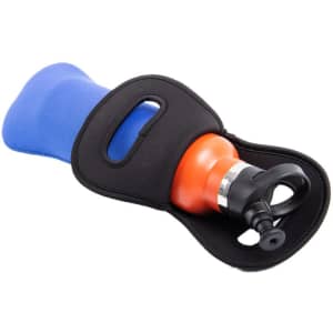 A drink bottle holder made of neoprene in blue and black, featuring an orange bottle and a nozzle.