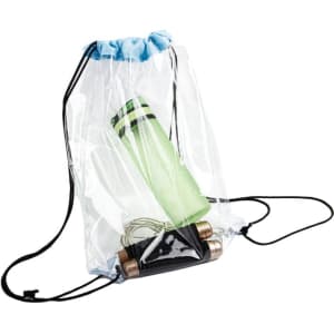 A clear waterproof drawstring bag containing a green drink bottle and earbuds, with a blue top and black base.