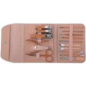 A 16-piece nail clipper set in a soft pink case, featuring various grooming tools for nails and cuticles.