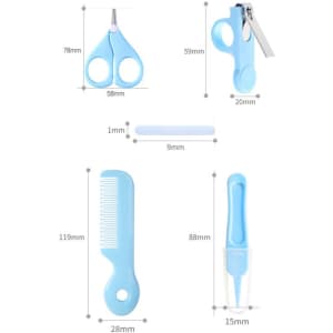 A baby care kit featuring blue nail clippers, scissors, a comb, and a small file. The kit includes a branded item.
