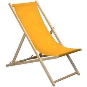 A yellow adjustable folding wood beach sling chair with a natural wood frame, perfect for leisure and outdoor use.