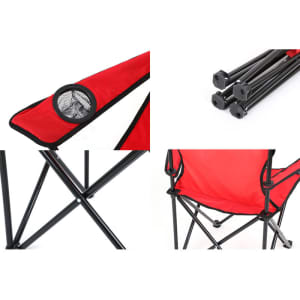 A red folding camping chair with a mesh cup holder, black frame, and folded design for easy transport.