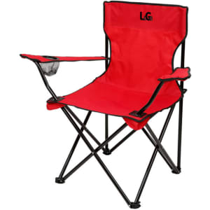 A red folding camping chair with black metal frame, featuring a cup holder and a logo on the backrest.