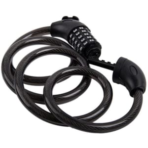 A black cable lock with a combination dial, featuring thick braided wire for security. It has a plastic casing and a logo.