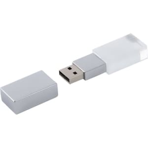A 2GB engraved crystal USB flash drive in silver with a clear crystal casing and removable cap.