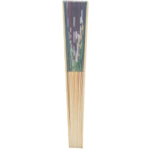 A custom bamboo hand fan with a slender design and vibrant coloured fabric highlights. Features a branding logo.
