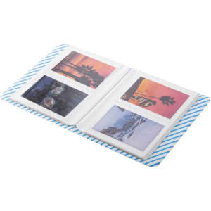 A mini instant Polaroid photo album with 64 pockets, featuring a blue and white striped design and two open pages with photos.