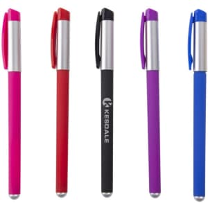 A collection of five plastic rubber-coated soft touch pens in pink, red, black, purple, and blue, featuring silver clip accents.