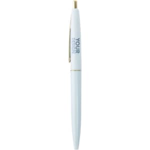 A custom click pen with gold trim, featuring a white plastic body and a logo on its side.