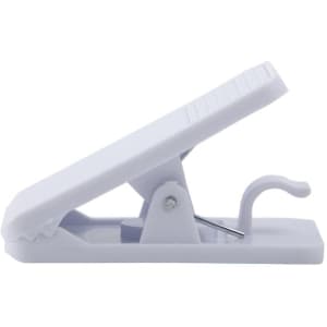 A white magnetic memo clip with a pen holder, featuring a spring-loaded mechanism for easy grip.