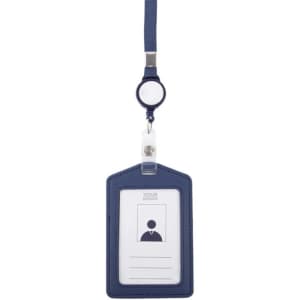 A navy custom leather ID holder with a clear front pocket and a lanyard for easy carrying.