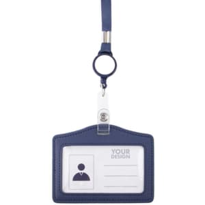 A navy leather ID badge holder with a clear window and a lanyard for easy attachment. Features a metal clip.