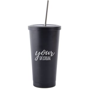 A drink bottle in matte black, featuring a straw and a removable lid. Includes a logo on the side.