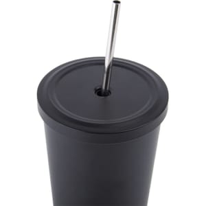 A drink bottle featuring a black stainless steel tumbler with a metal straw and a flat lid.