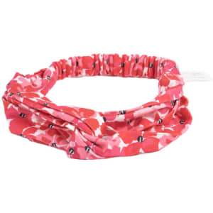 A criss-cross headband in vibrant shades of pink and red with a floral pattern. Features elastic for a secure fit.