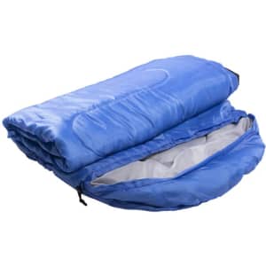 A blue sleeping bag with a zippered opening, featuring a soft interior lining and folded neatly.