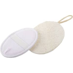 An oval exfoliating loofah sponge pad in white and natural tones with a handy hanging loop.