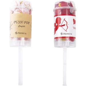 A clear container with a push pop design filled with colourful confetti and a straw. It features a logo.