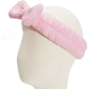 A pink fluff headband with a bow detail, designed for hair and beauty use.