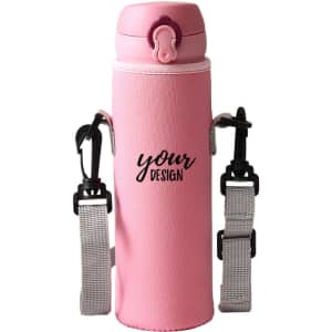 A drink bottle in a pink neoprene holder with a strap, featuring an adjustable carry option.