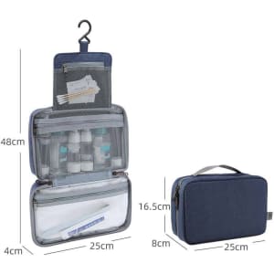 A navy blue trifold travel hanging toiletry bag with transparent compartments, a hook, and a carry handle.