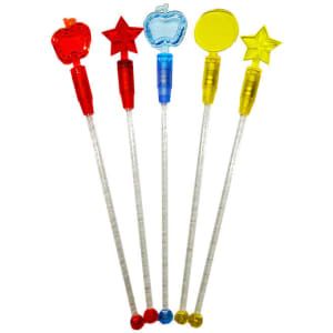 A set of colourful LED cocktail stirrers featuring shapes like an apple, star, and circle, with clear stems and colourful tops.