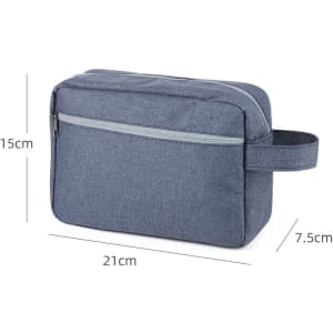 A grey waterproof toiletry bag with a handle, featuring a zippered compartment and dimensions provided.