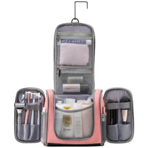 A pink and grey hanging travel toiletry organiser bag with multiple compartments for toiletries and accessories.