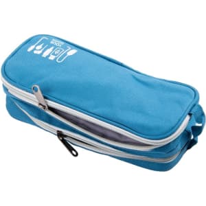A blue portable multifunctional digital storage bag with two zipped compartments and a logo on the front.