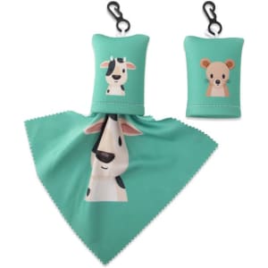 A turquoise microfiber glasses cloth with animal designs, accompanied by a matching pouch and carabiner.