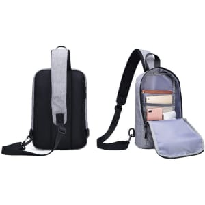 A grey and black travel sling bag featuring multiple compartments and a shoulder strap for easy carrying.