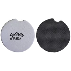 A set of two round neoprene car cup coasters, one white with a design area and one textured black.