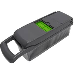 A multifunctional kitchen slicer in grey with a green accent, featuring a handle for easy use and a compartment for slicing.