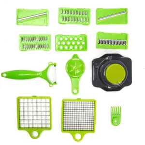 A multifunctional kitchen slicer set in green and black, featuring various cutting and peeling tools.