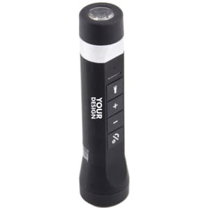 A portable LED light torch in black, featuring buttons for control and a built-in speaker. It has a logo on the body.