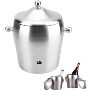 A stainless steel ice bucket with a lid and decorative handles, featuring an engraved logo. Suitable for leisure and outdoor use.