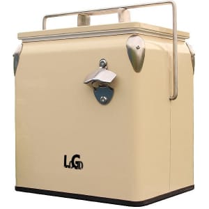 A drink bottle cooler in a cream colour with a metal handle and bottle opener, featuring a logo on the front.