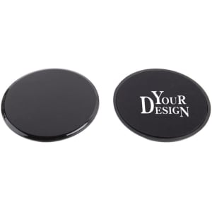 Two black exercise gliding discs, one side matte and the other with a printed design placeholder and a logo.