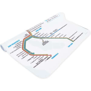 A custom eye glasses cleaning cloth featuring a colourful transit map design with various lines and station names. It has a logo.