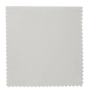 A grey custom eyeglass cleaning cloth with a textured finish and scalloped edges. It features a logo.