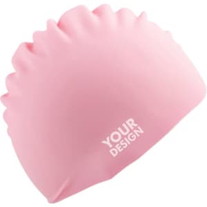 A pink silicone swimming cap featuring a logo and a smooth, flexible design.