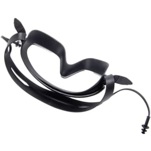 Large black swimming goggles with earplugs, designed for water activities, featuring a flexible frame and secure fit.
