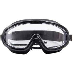 Large black swimming goggles with clear lenses and adjustable straps, accompanied by matching earplugs.