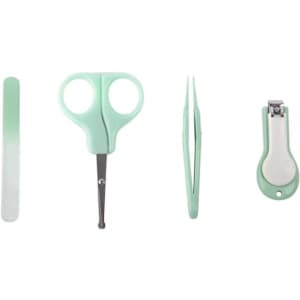 A mint green 4-in-1 retractable makeup brush set, including scissors, tweezers, a nail file, and a nail clipper.