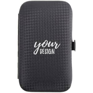 A black manicure set with a textured surface, featuring a design area and a clasp for secure closure.