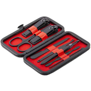 An 8-piece nail clipper manicure set in a black case with red accents, featuring various grooming tools and a logo.