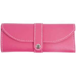 A pink PU leather case with white stitching, featuring a snap closure and a compact design for holding a manicure set.