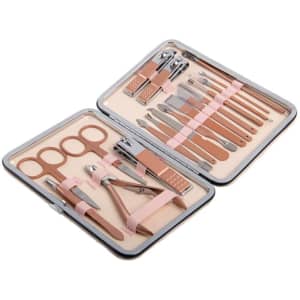 A rose gold 18-in-1 nail clipper set in a sleek case, featuring various tools for nail care.