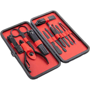 A stainless steel 12-in-1 nail clipper set with various grooming tools, enclosed in a black case with red accents.