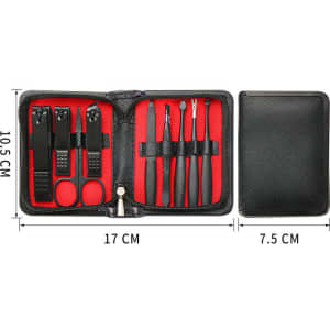 A black 9-in-1 nail clipper kit featuring various tools, displayed in a zippered case with a red interior.